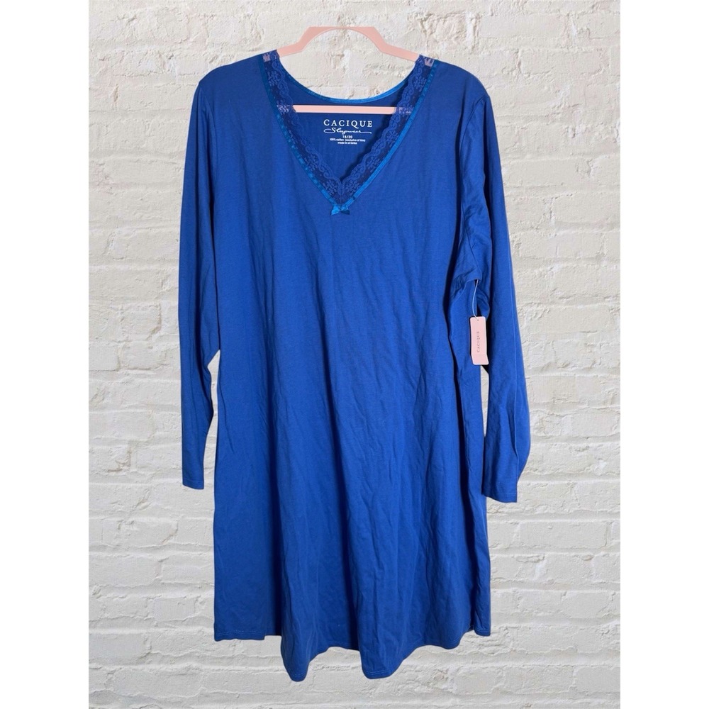 Cacique Nightgown 18 / 20 Cotton Blue Long Sleeves Knee Length Cottage Core Lace